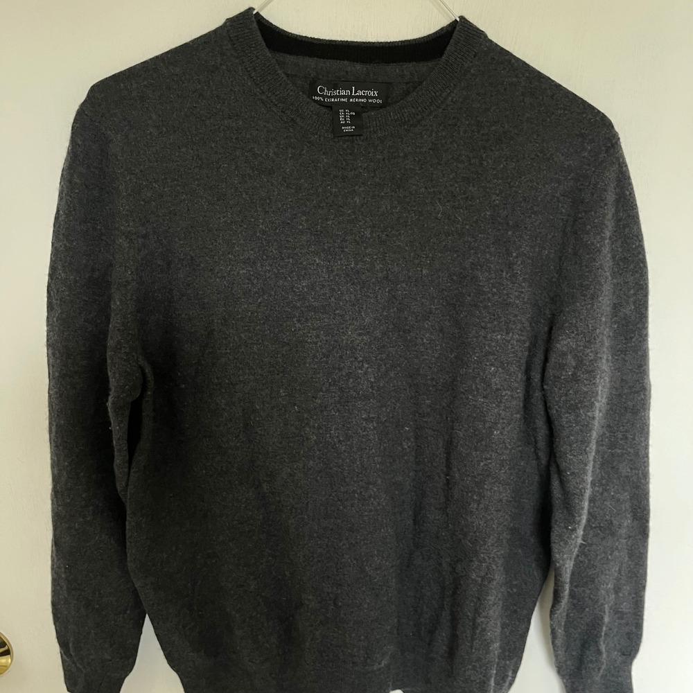 Christian Lacroix Mens XL Gray 100% Extrafine Merino Wool Crewneck Sweater